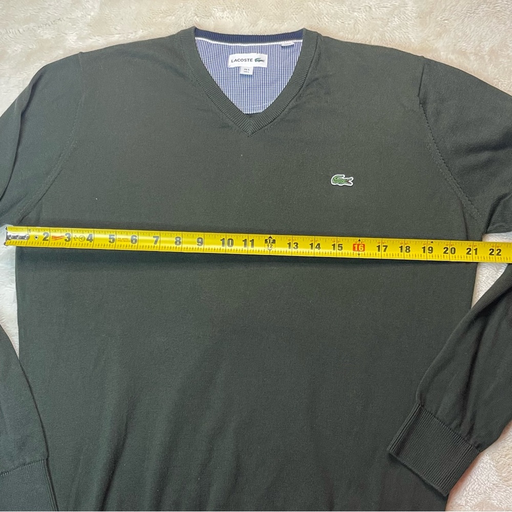 Lacoste V-Neck Jersey Knit Olive Green Sweater Preppy Large Minimalist Academia - Picture 7 of 11